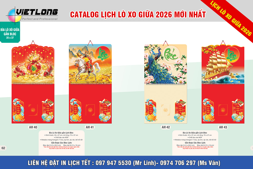 In lịch Tết bìa lò xo giữa gắn bloc đại 2026