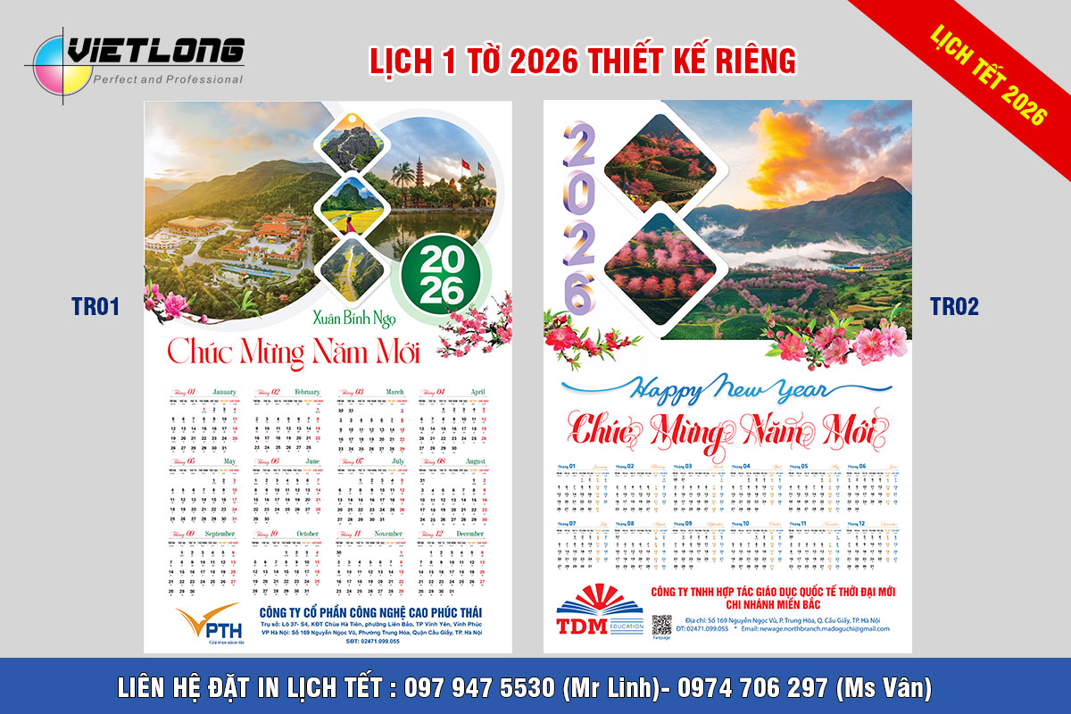 Mẫu lịch Tết 1 tờ thiết kế riêng 2026 