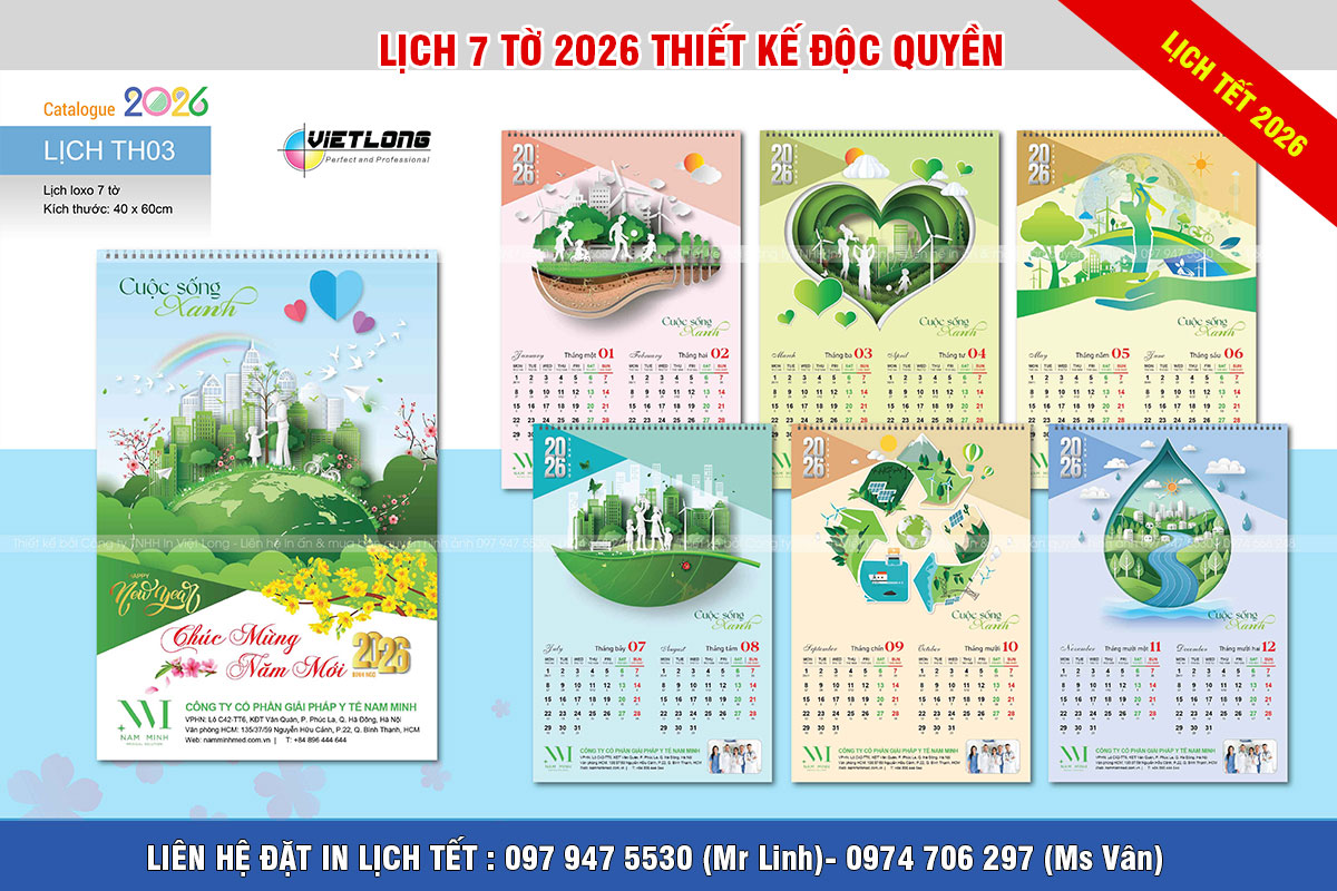 Mẫu lịch treo tường 2026 7 tờ Bính Ngọ độc quyền