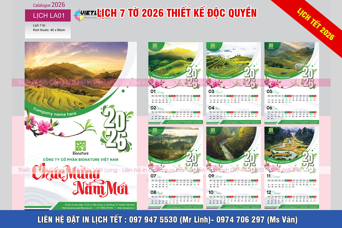 Mẫu lịch 7 tờ treo tường thiết kế riêng 2026