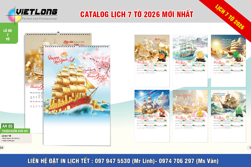 Mẫu lịch 7 tờ 2026 treo tường thuận buồm xuôi gió