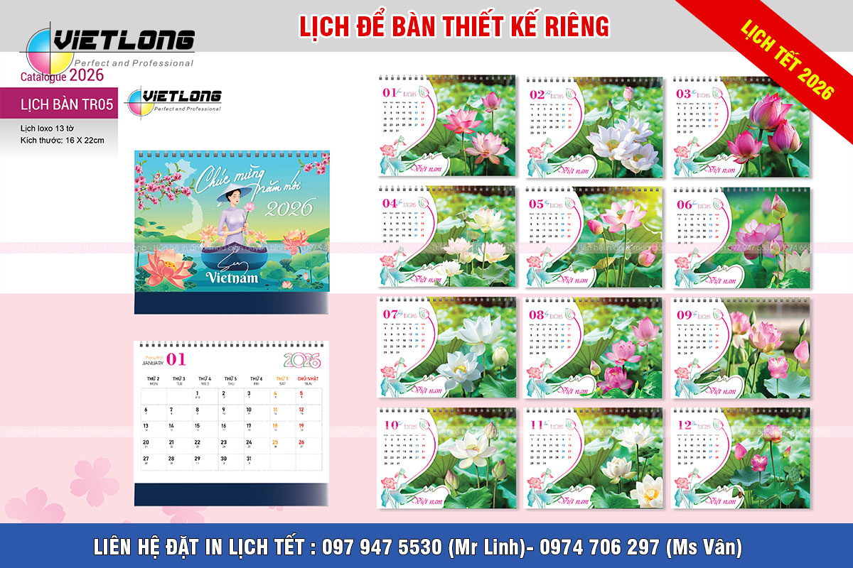 Mẫu lịch bàn thiết kế riêng 2026 chủ đề hoa sen