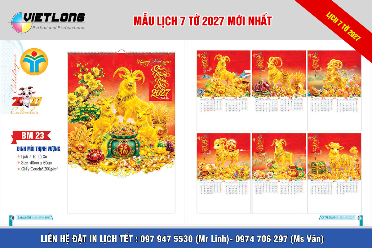 Công ty in lịch Tết treo tường lò xo 7 tờ 2027 Đinh Mùi rẻ đẹp Hà Nội