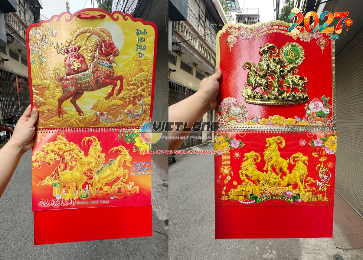 In lịch Tết 2027 treo tường lò xo giữa 13 tờ