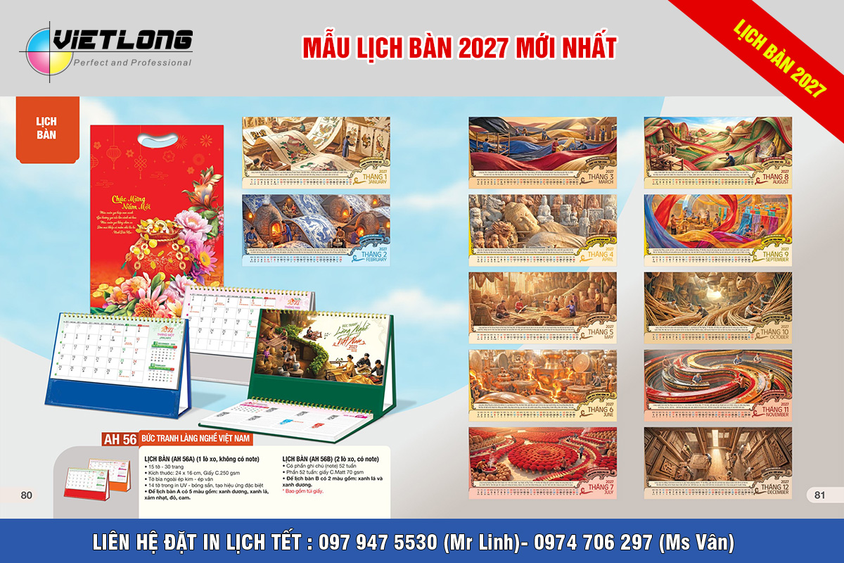 Mẫu lịch bàn Tết 2027 bức tranh làng nghề Việt