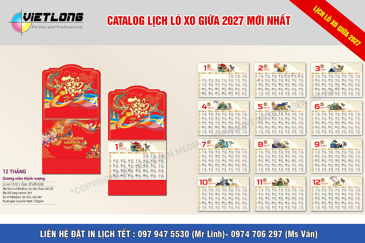 Mẫu lịch treo tường lò xo giữa bìa đỏ 2027 Đinh Mùi đẹp ấn tượng