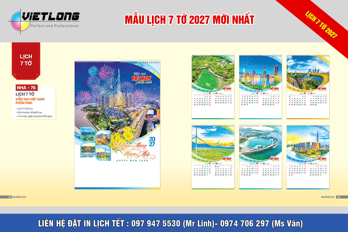 Lịch tết lò xo 7 tờ 2027 Việt Nam phồn Vinh