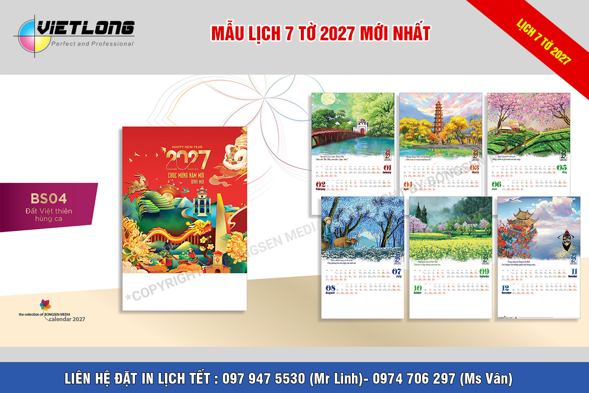 Mẫu lịch treo tường 7 tờ 2027 đẹp ấn tượng