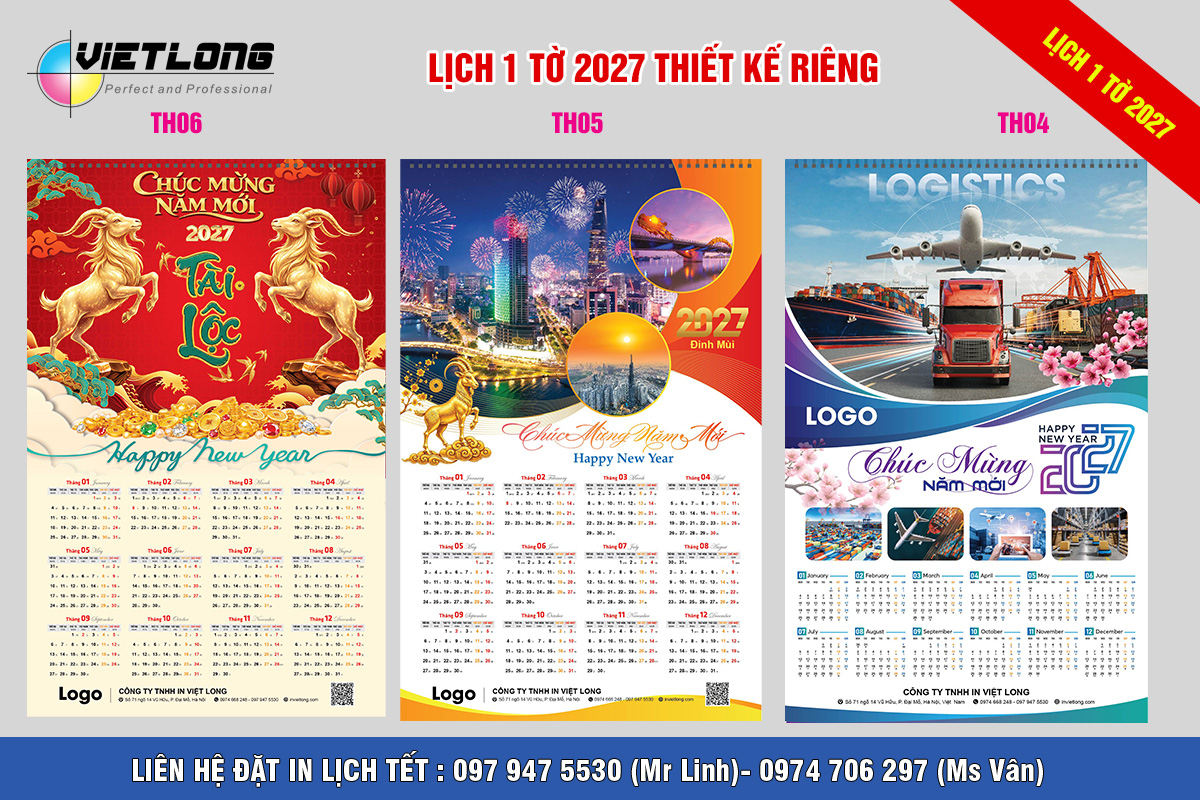 Mẫu lịch 1 tờ 2027 xuân Đinh Mùi thiết kế riêng theo yêu cầu