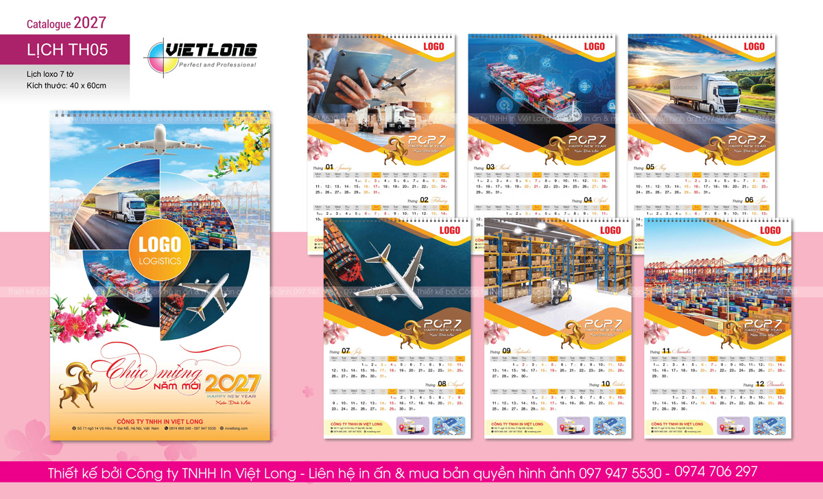 Mẫu lịch Tết 7 tờ 2027 thiết kế riêng cho công ty logistics