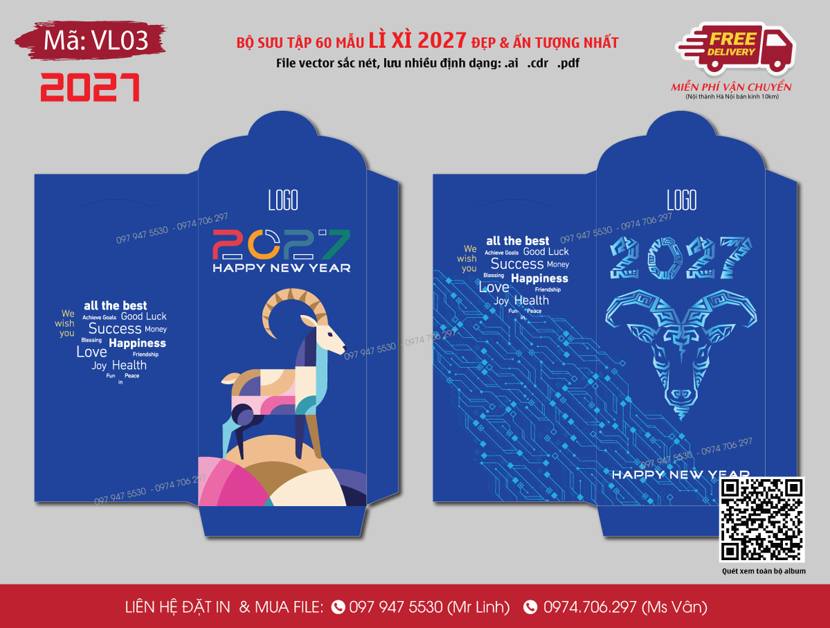 Mẫu bao lì xì 2027 Đinh Mùi màu xanh