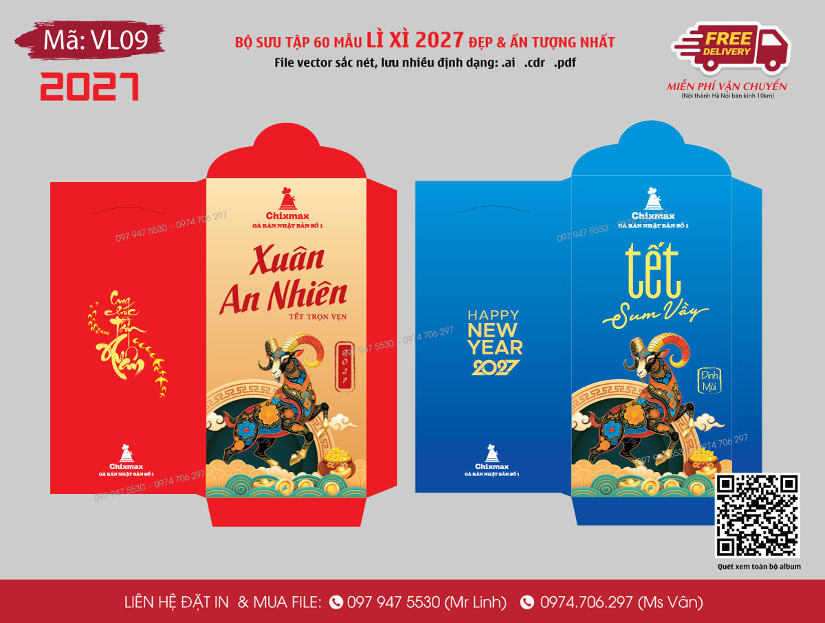 Mẫu bao lì xì Tết 2027 năm con Dê Đinh Mùi đẹp ấn tượng
