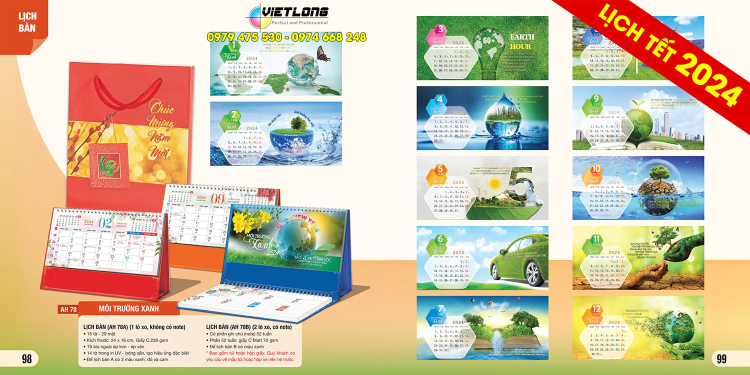 In lịch bàn 2024 chủ đề môi trường xanh
