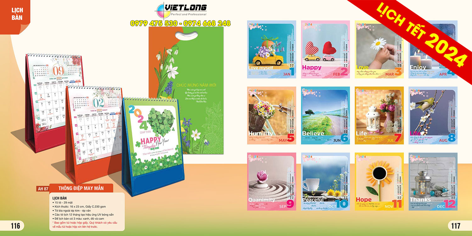 AH87 lịch bàn 2024 thông điệp may mắn