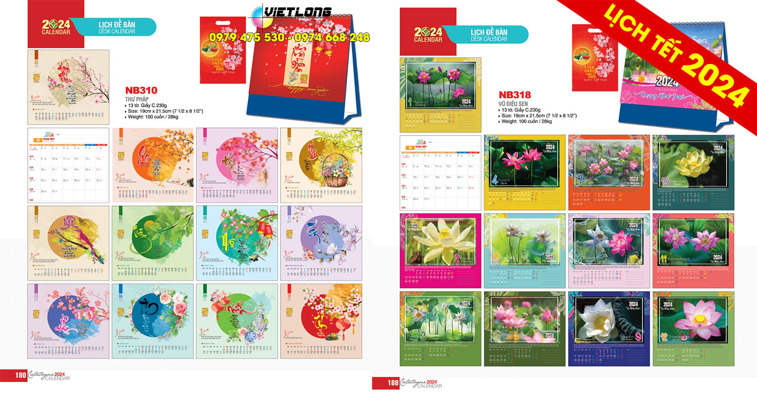 Mẫu lịch bàn 2024 Thư pháp - Hoa sen