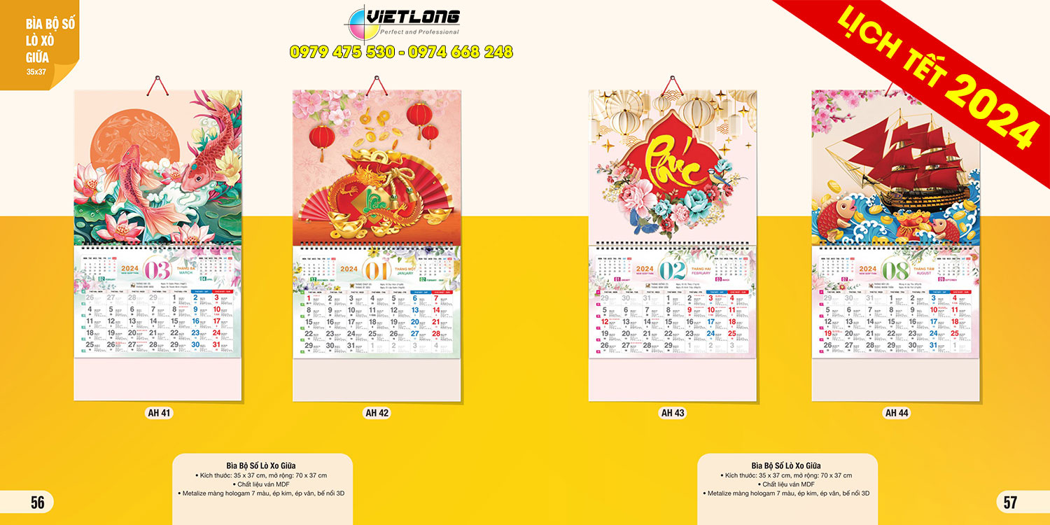 In lịch lò xo giữa 13 tờ 2024 đẹp nhất