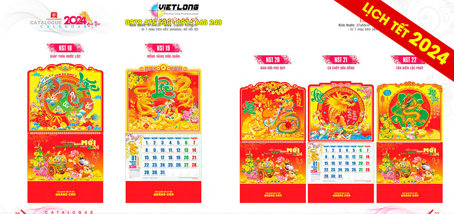 Lịch tết lò xo giữa 13 tờ 2024 Giáp Thìn
