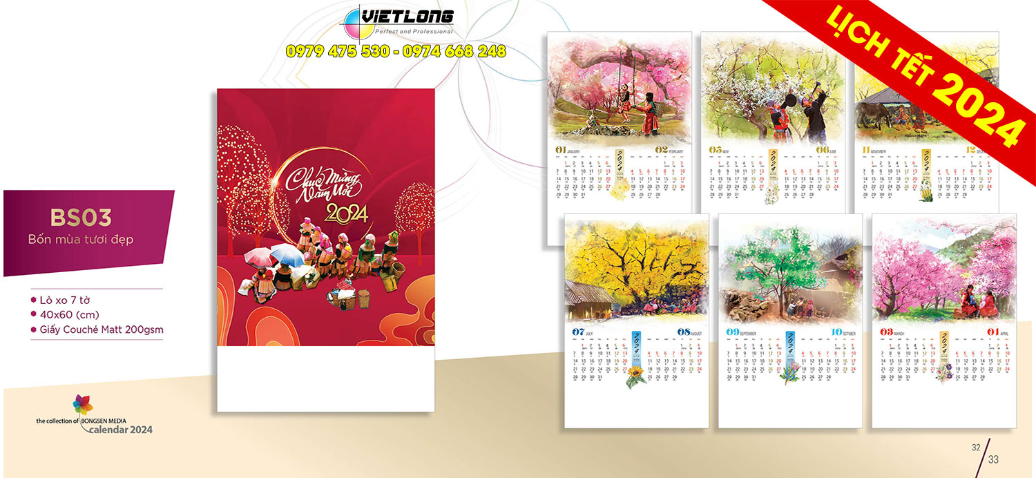 BS03 mẫu lịch 7 tờ 2024 Bốn mùa tươi đẹp
