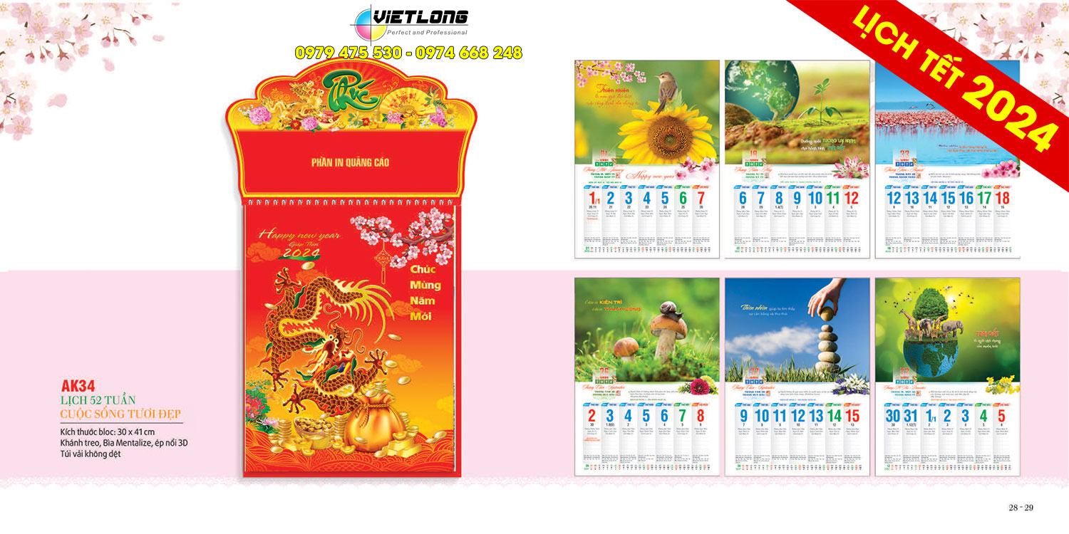 Mẫu lịch 52 tuần 2024 cuộc sống tươi đẹp