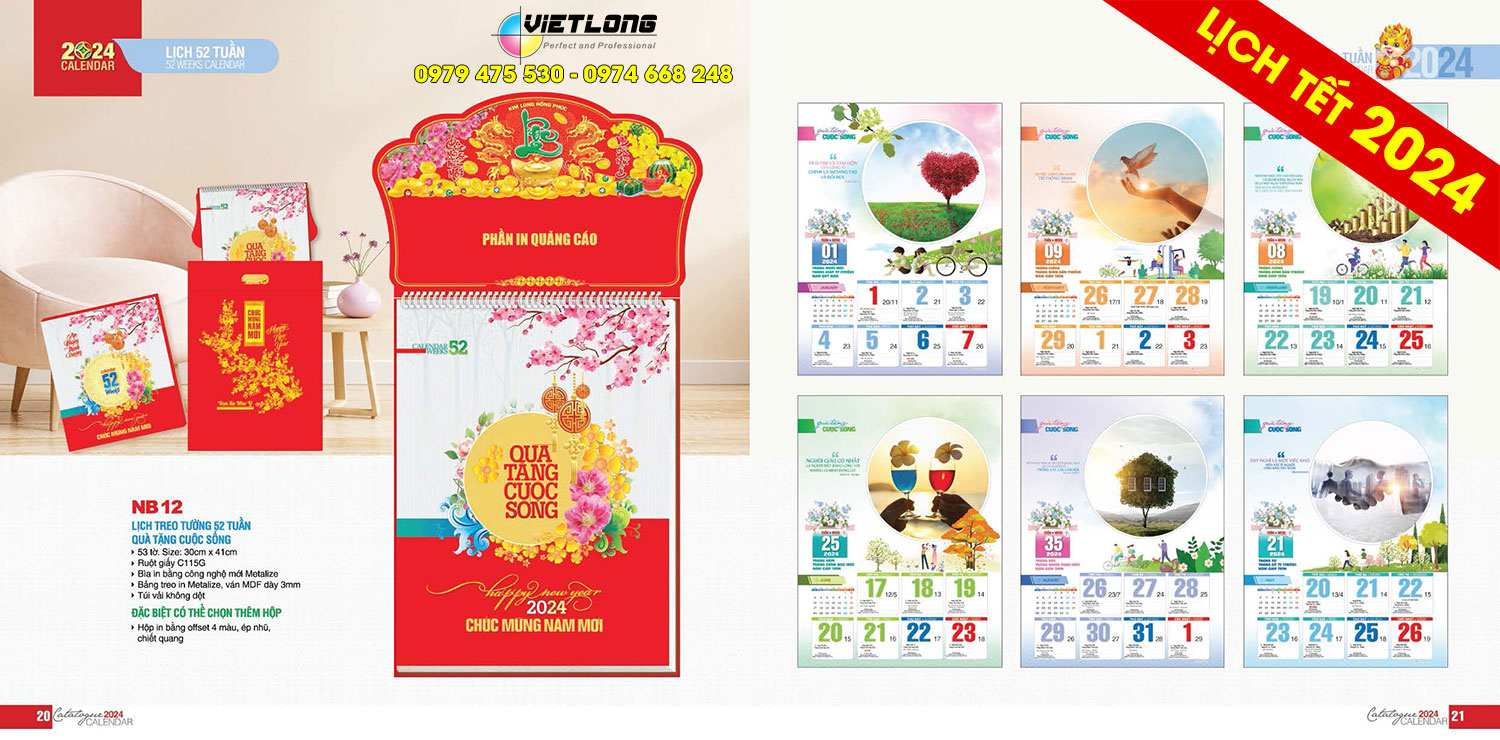 Mẫu lịch Tết 52 tuần treo tường 2024