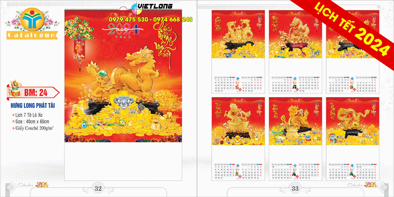 Mẫu lịch 7 tờ 2024 rồng vàng phát tài