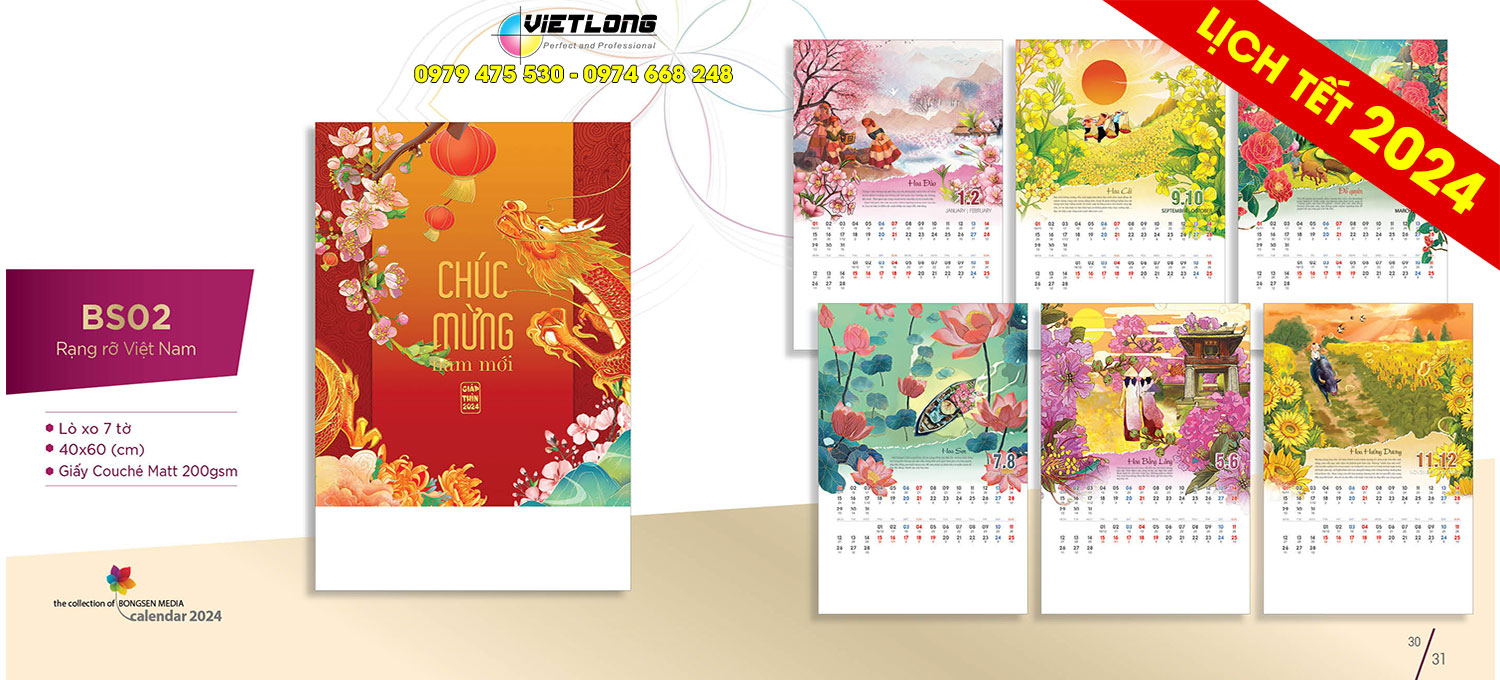 Lịch 7 tờ 2024 hình con rồng