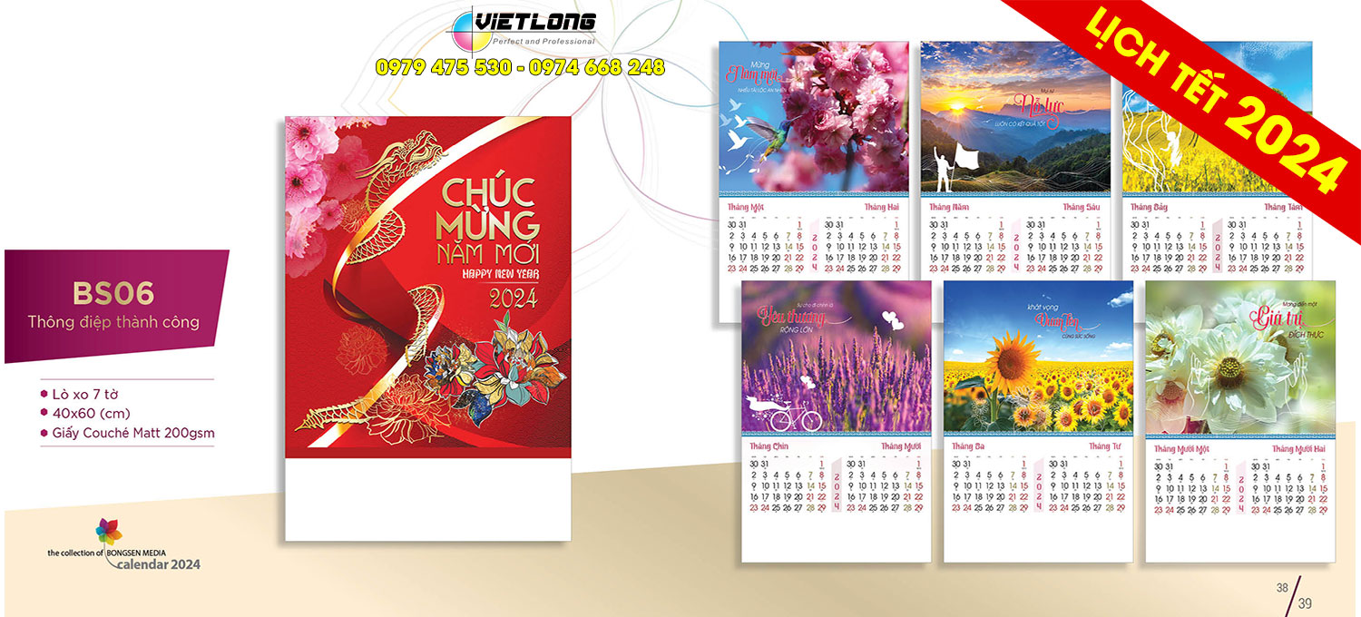 In lịch 7 tờ 2024 hình con rồng 
