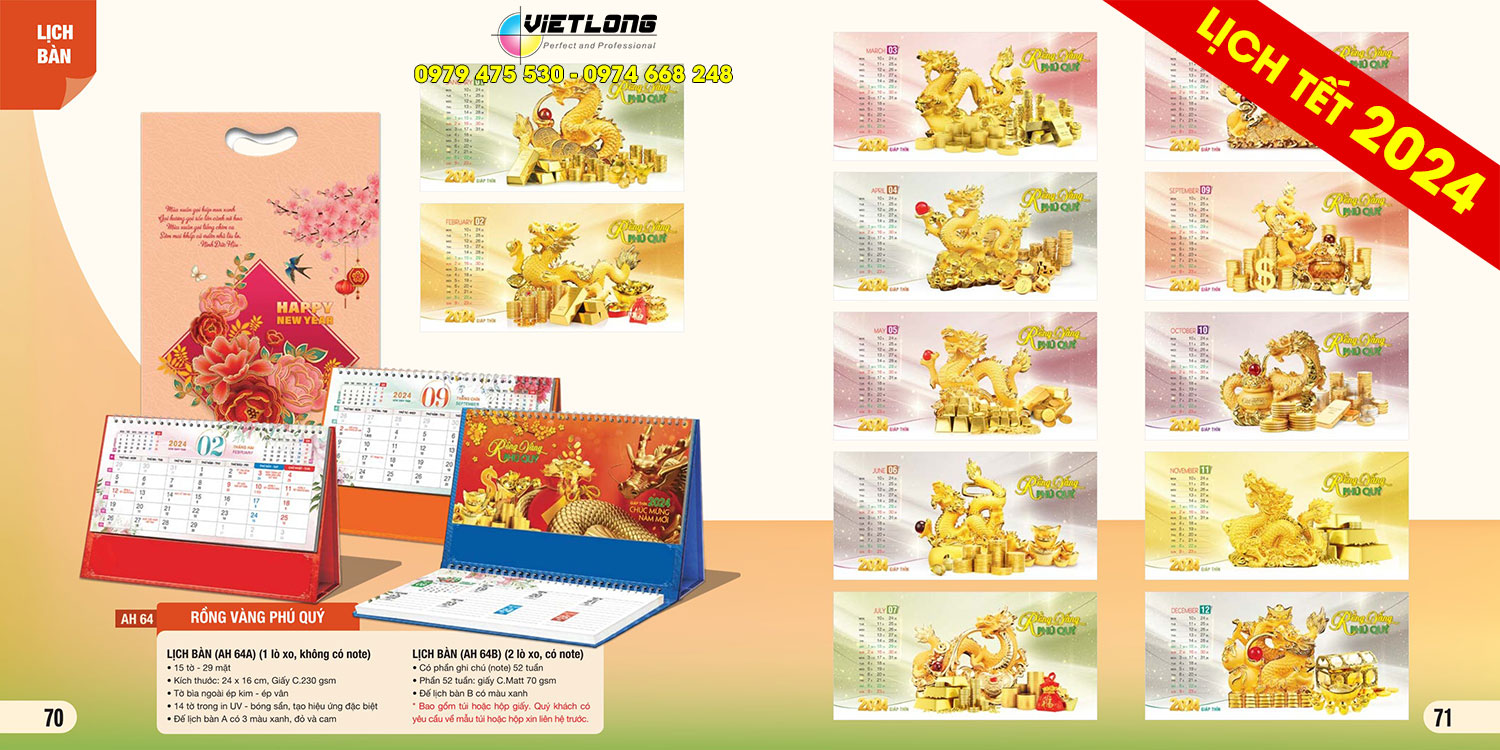 Mẫu lịch bàn 2024 Rồng vàng phú quý