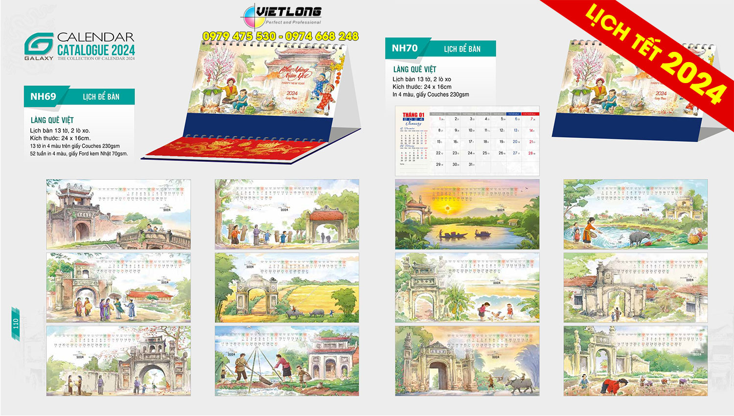 Mẫu lịch bàn 2024 Làng quê việt