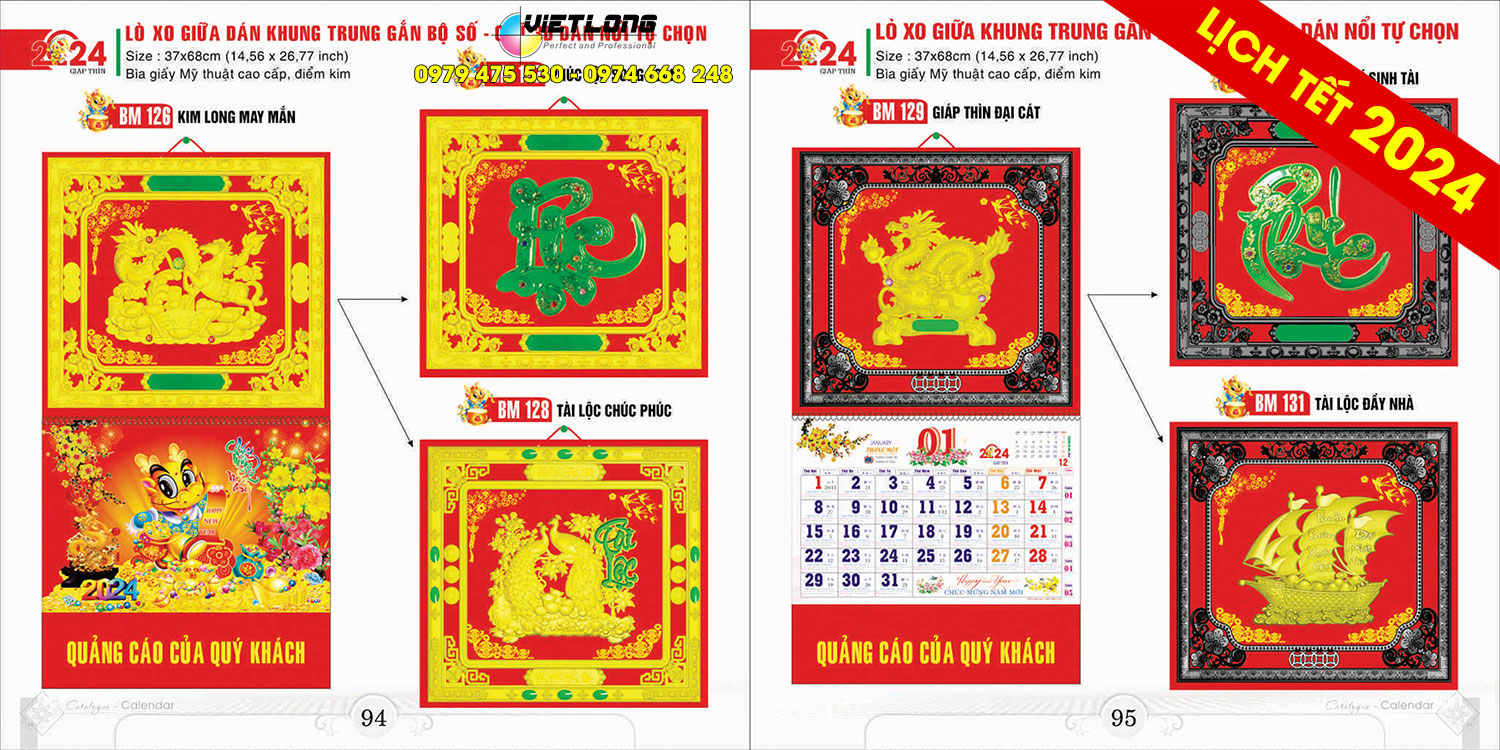 Lịch tết lò xo giữa dán khung gắn bộ số 2024