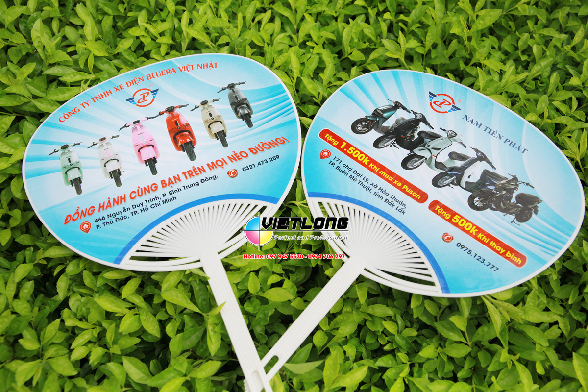 In quạt nhựa đẹp bền cho cửa hàng xe điện Bluera Việt Nhật