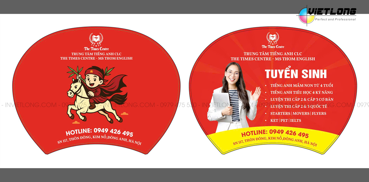 in quạt nhựa quảng cáo cho trung tâm tiếng anh
