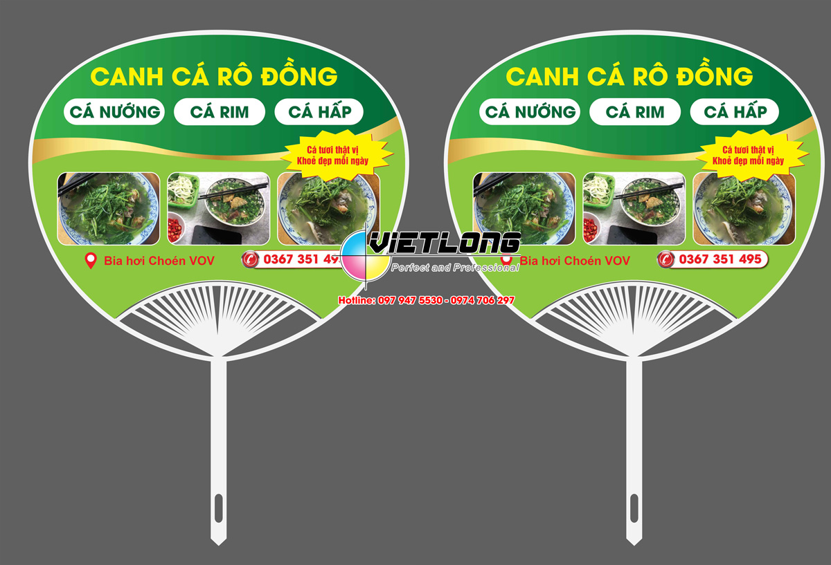 Mẫu quạt nhựa quảng cáo nhà hàng canh cá rô đồng