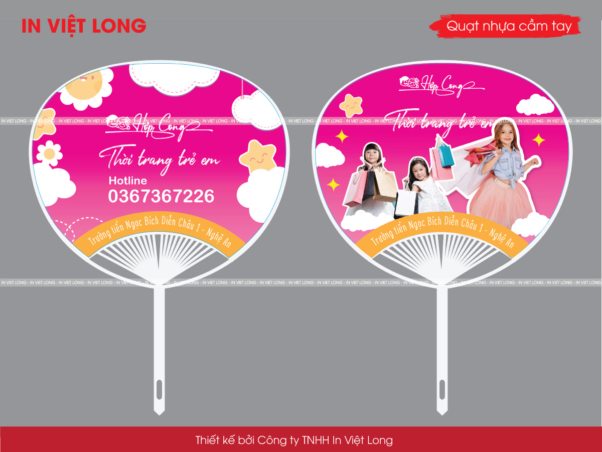 In quạt nhựa quảng cáo shop thời trang trẻ em