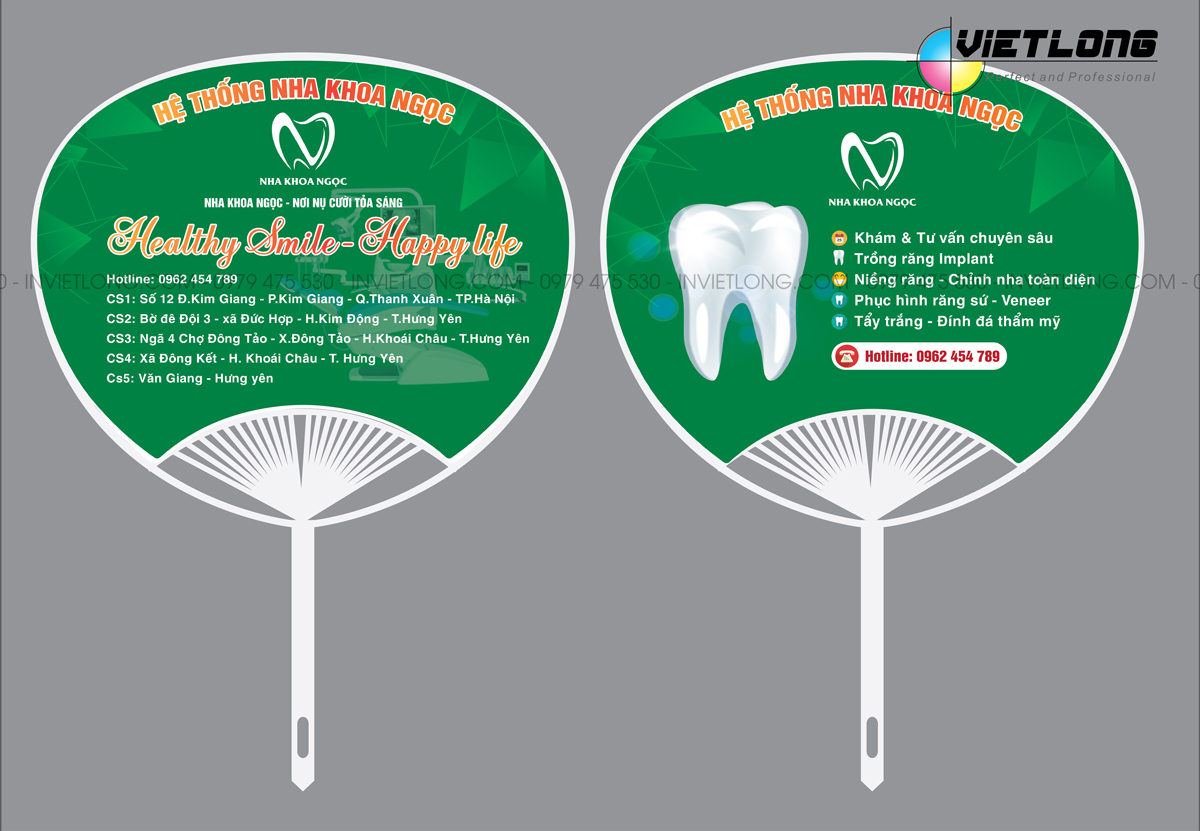 in quạt nhựa quảng cáo hệ thống nha khoa