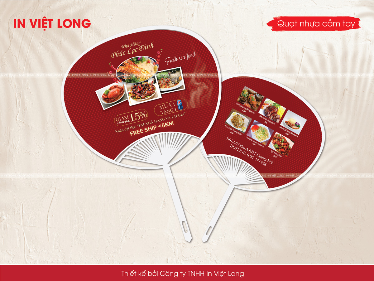 Mẫu quạt nhựa nan hoa quảng cáo khai trương nhà hàng