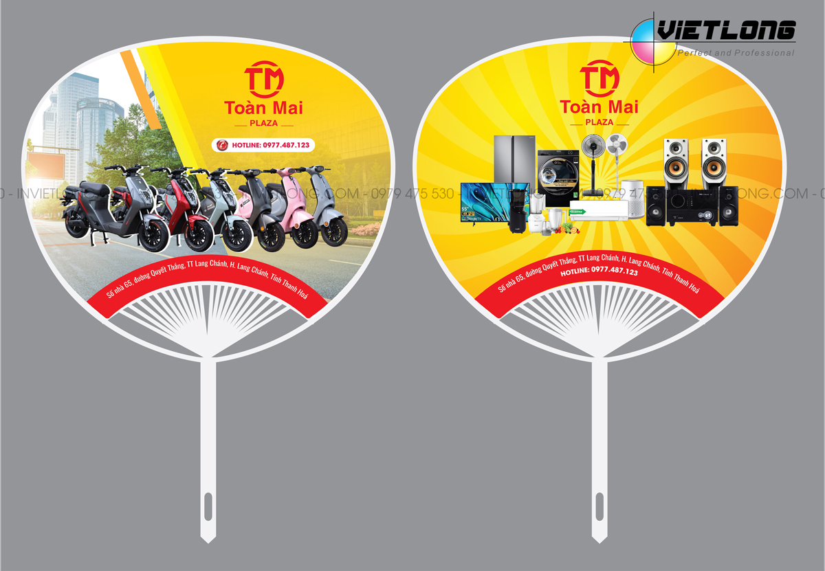 in quạt nhựa quảng cáo xe máy điện, trung tâm điện máy