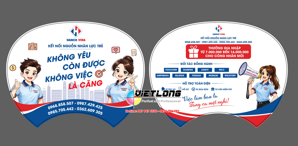 Thiết kế quạt nhựa tuyển dụng công nhân hình chibi dễ thương