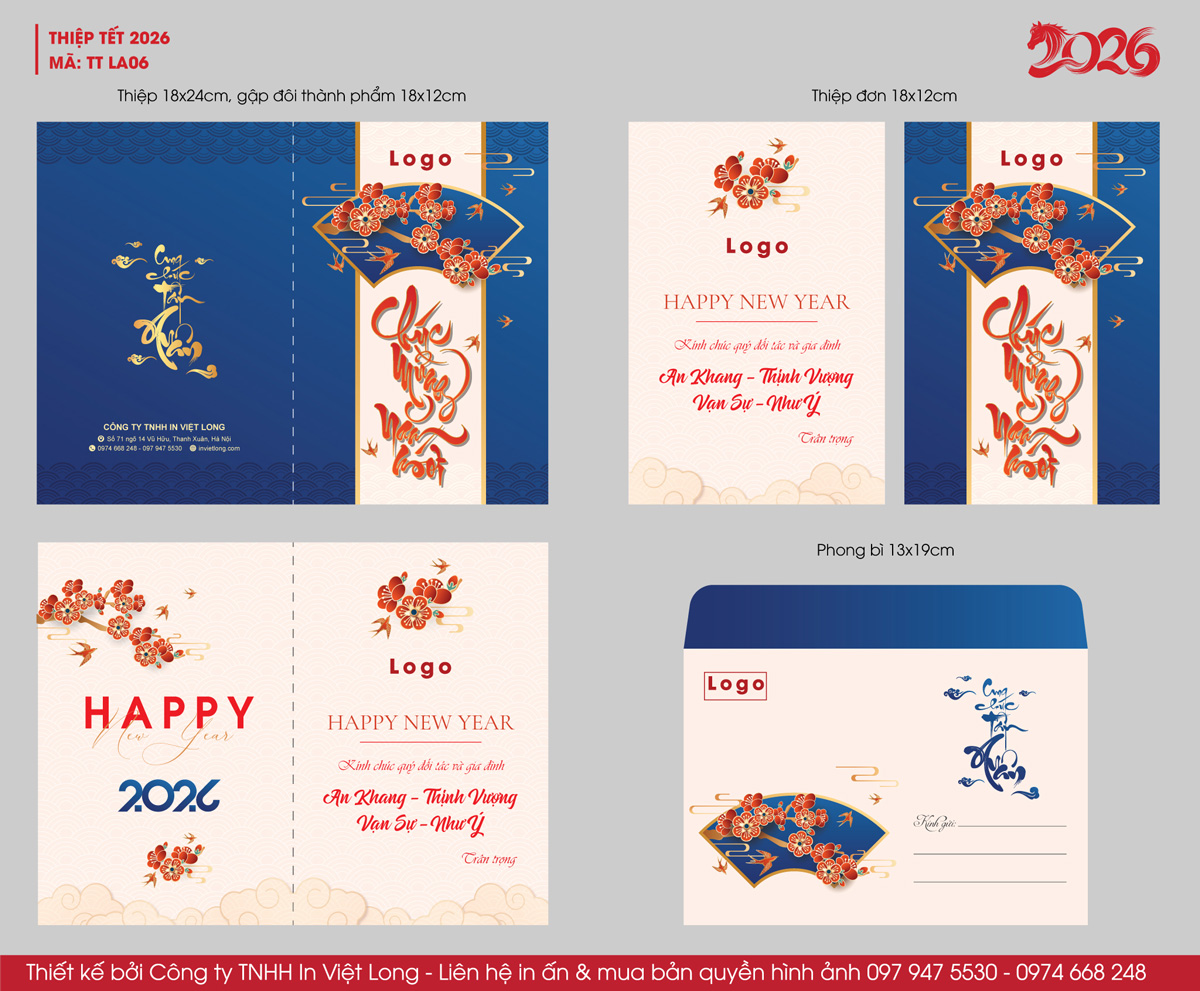 Mẫu thiệp chúc Tết 2026 tông màu xanh biển