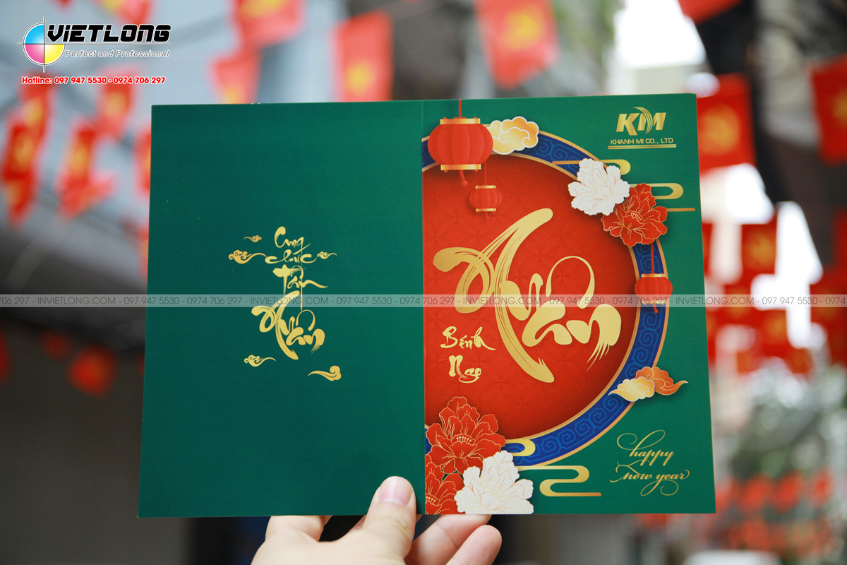 Thiệp tết 2026 màu xanh ấn tượng