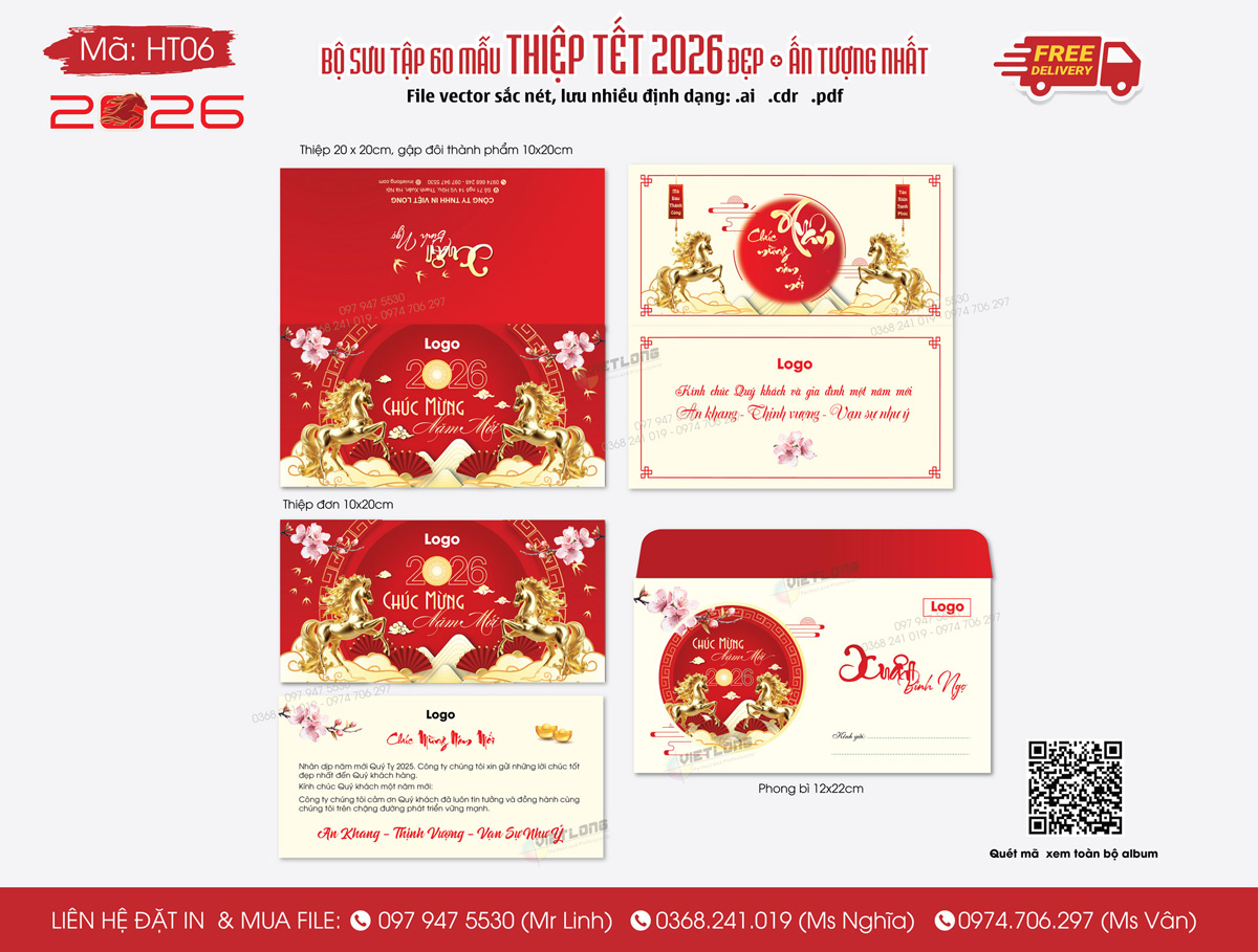 Thiệp phong bì tết 2026 cho vào giỏ quà tặng