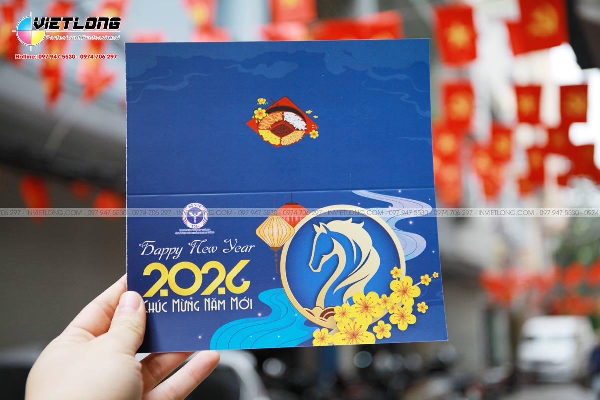 Mẫu thiệp chúc mừng năm mới gập đôi màu xanh biển