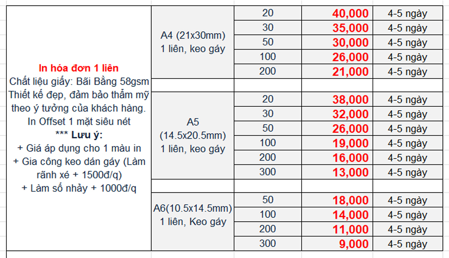 Báo giá hóa đơn 1 liên